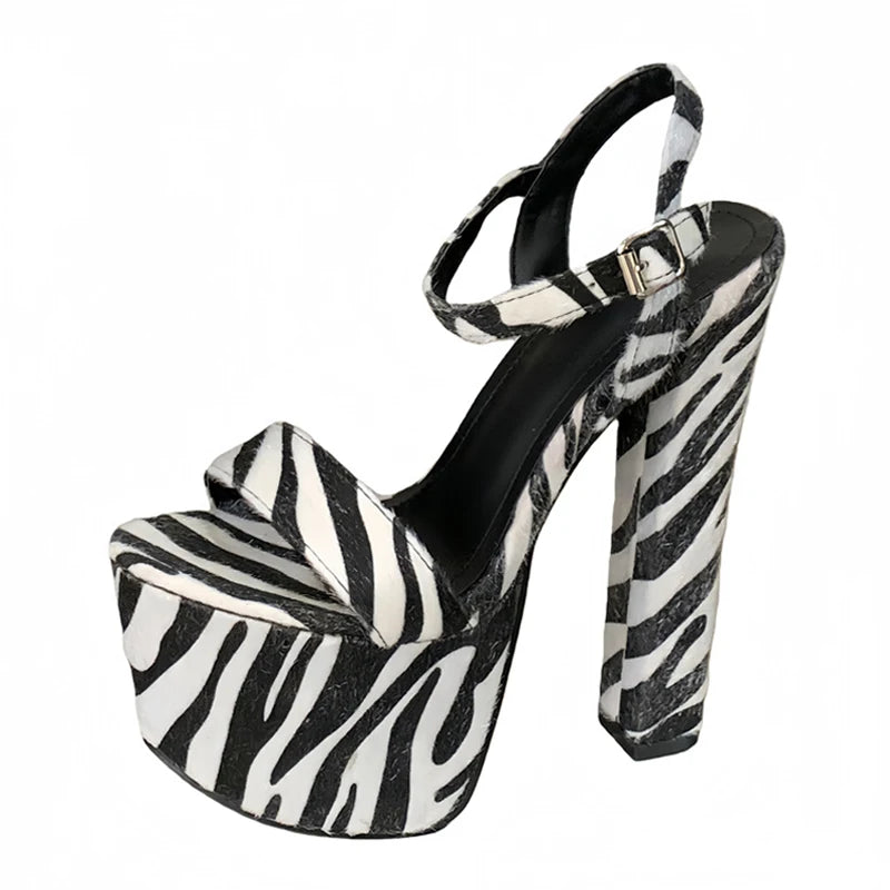 Women's Zebra Stripe Furry Platform High Heel Sandals Platform Heeled Sandals Axl Black 40