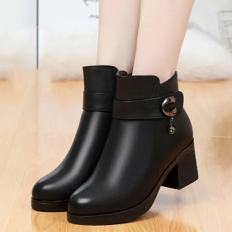 Women's Winter Ankle Boots – Warm Faux Leather Square Heel Women's Ankle Boots Axl
