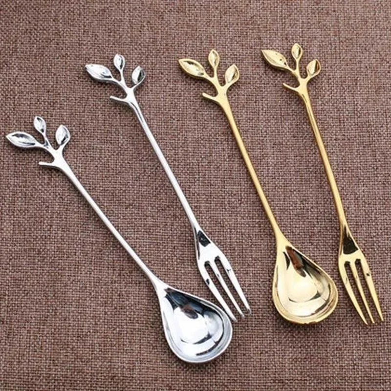 Leaf-Shaped Zinc Alloy Dessert Fork & Spoon | 12cm Cutlery Decorative Dessert Cutlery Axl