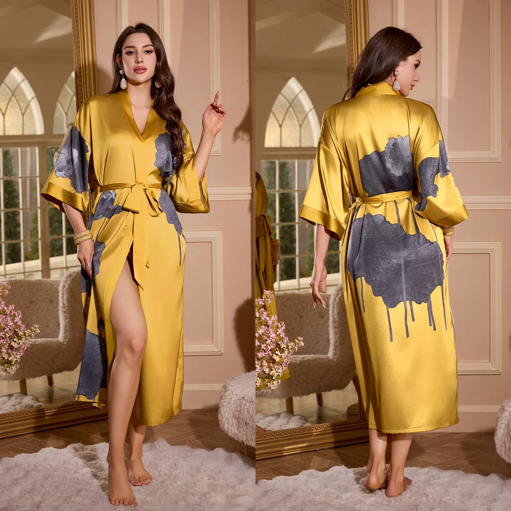 Women's Printed Kimono Robe – Long Loose Loungewear Nightgown Kimono Loungewear Robe Axl 23 One Size