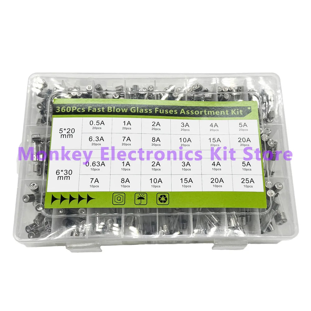 Car Glass Fuse Assorted Kit 100–360 Pcs Fast-Blow 0.1–30A Automotive Fuse Kit Axl 24kind 360pcs