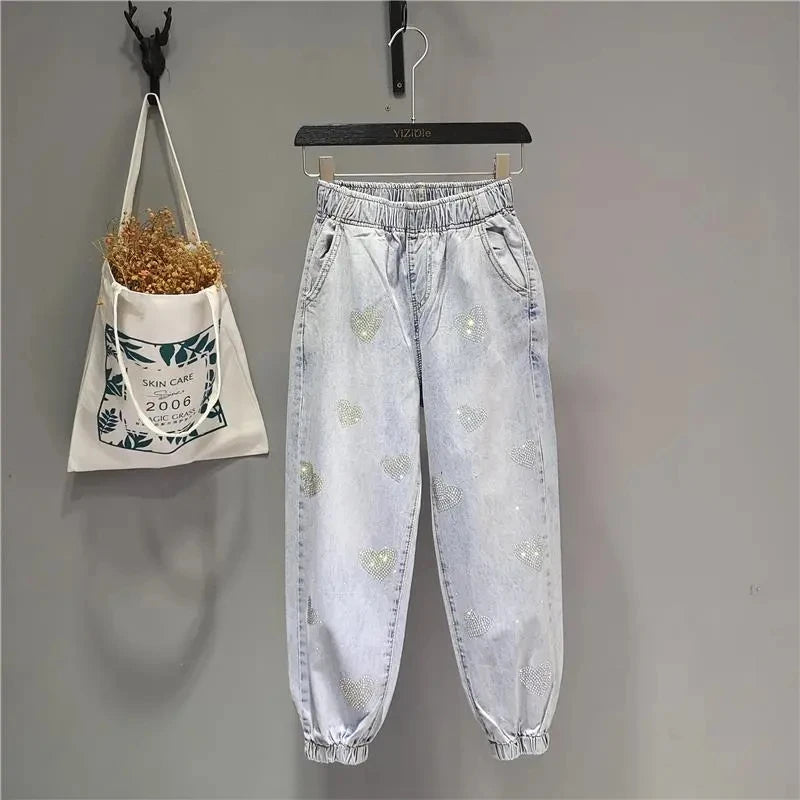 Women's Ripped Jeans Rhinestone Beaded High Waist Cropped Embellished Denim Jeans Axl Heart-shaped S China Mainland