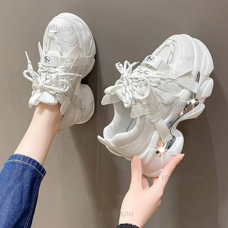 Women's Platform Chunky Sneakers – Shiny Lace-Up Sport Shoes Platform Sneakers Axl White 35