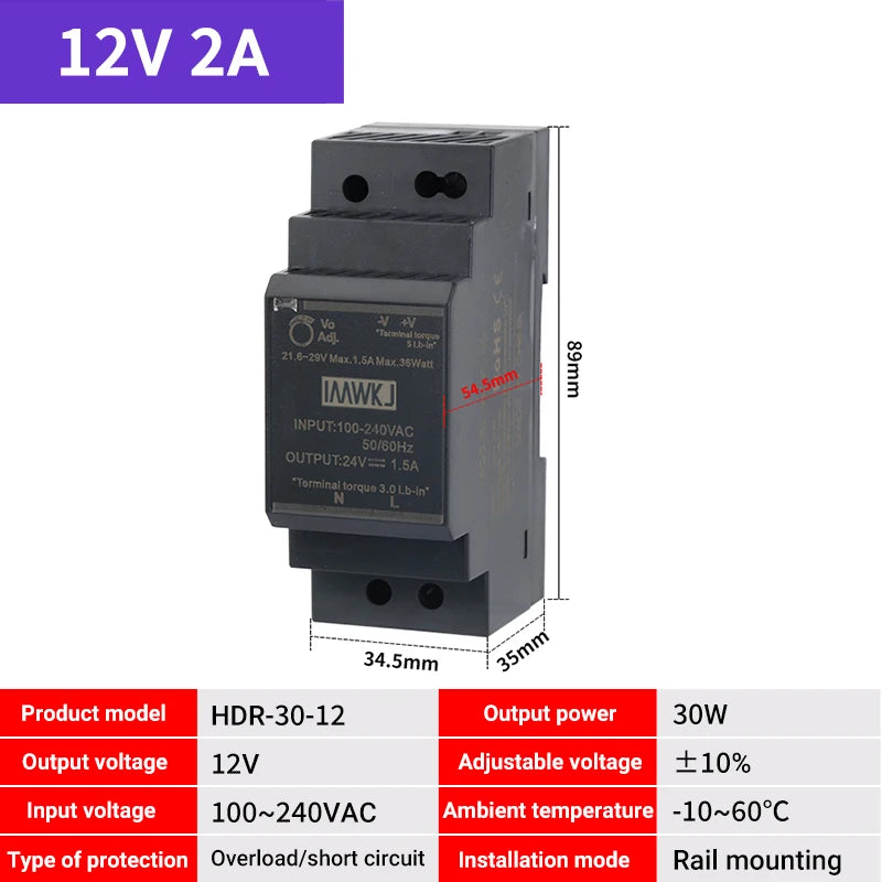 DIN Rail Switching Power Supply AC–DC 5V–48V | HDR-30/60/100 DIN Rail Power Supply Axl HDR-30-12