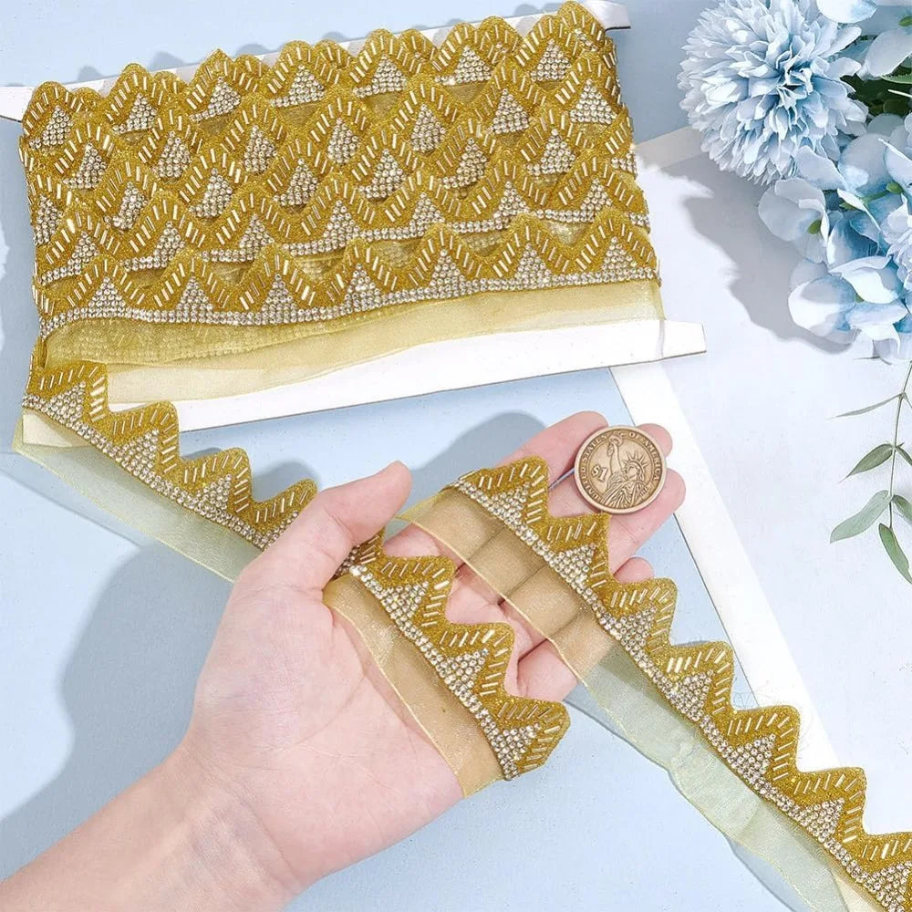 Rhinestone Glass Bead Lace Ribbon Goldenrod 41mm – 5 Yards Decorative Ribbon Trim Axl