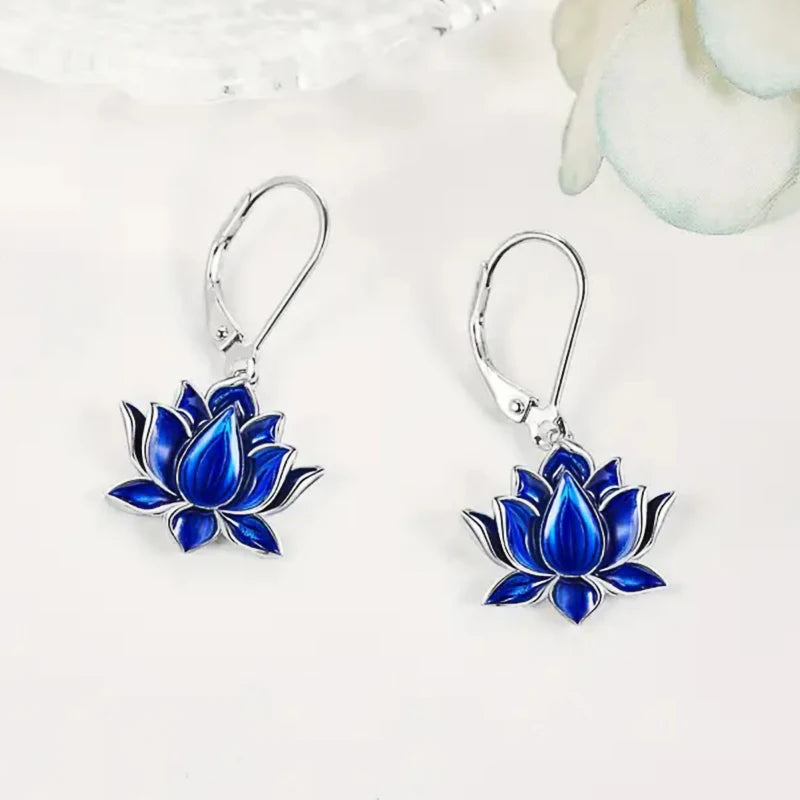 Huitan Blue Lotus Drop Earrings – Silver Tone Fashion Jewelry Drop Earrings Axl