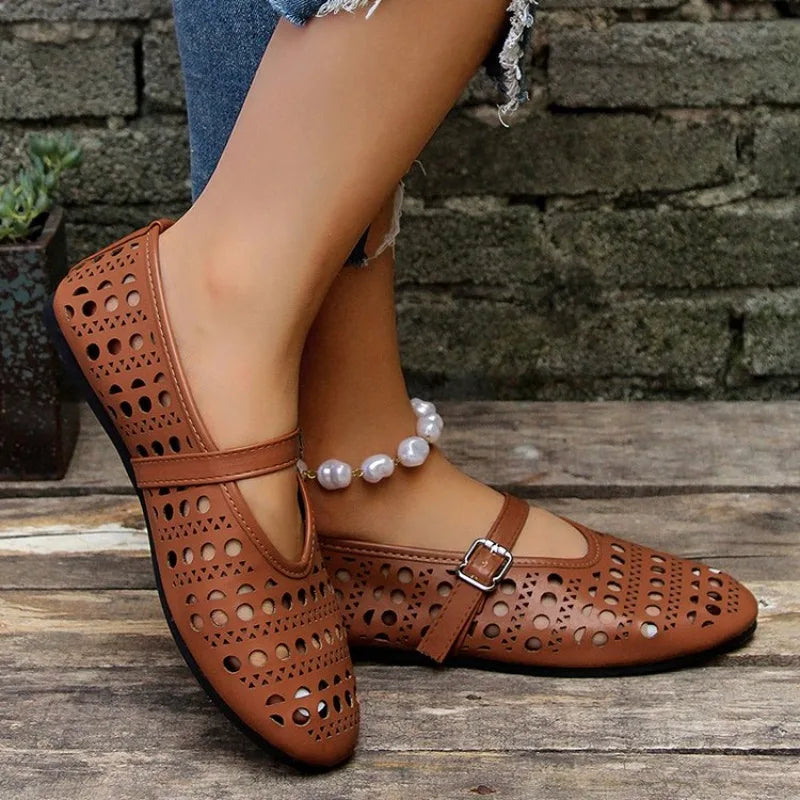 Women's Mary Jane Flats – Hollow Cutout Buckle Strap Round Toe Mary Jane Flats Axl