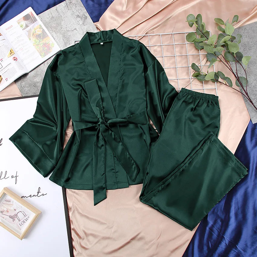 Women's Soft Pajama Set – Long Sleeve V-Neck Loungewear Suit Women's Pajama Set Axl green 3XL