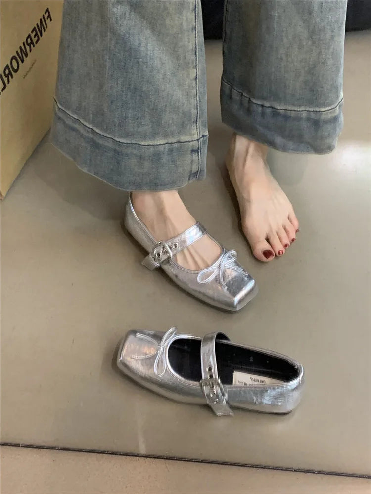 Women's Square Toe Ballet Flats – Bow Mary Jane Shoes Ballet Flats Axl Silver 41