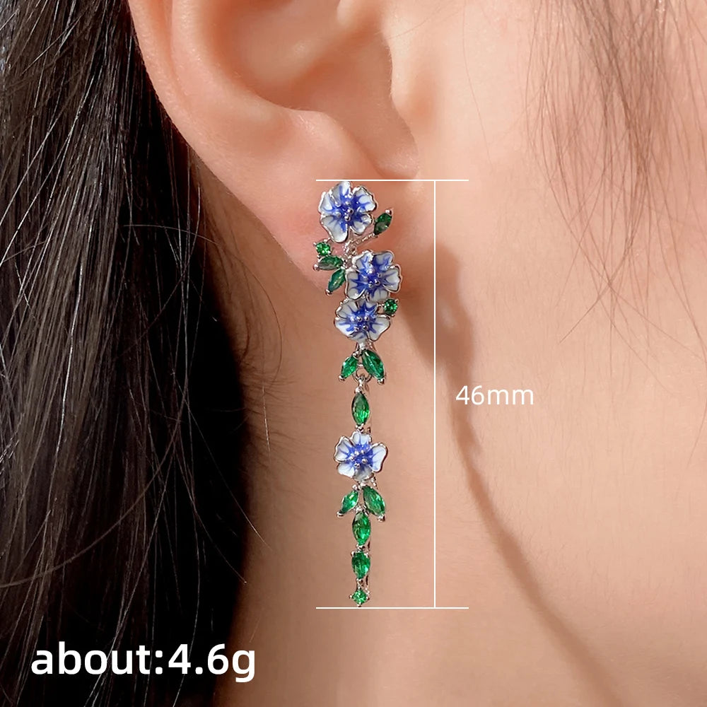Huitan Vintage Enamel Blue Flower Dangle Earrings Women Dangle Drop Earrings Axl