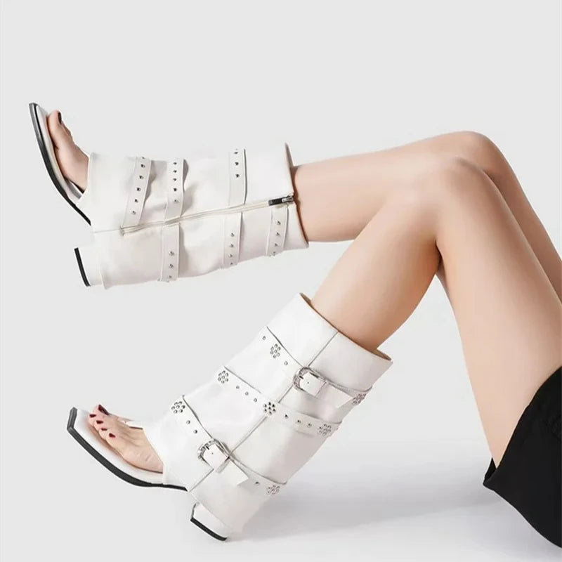 Women's Punk Ankle Boots | Square Toe High Heel Buckle Strap Punk Ankle Boots Axl