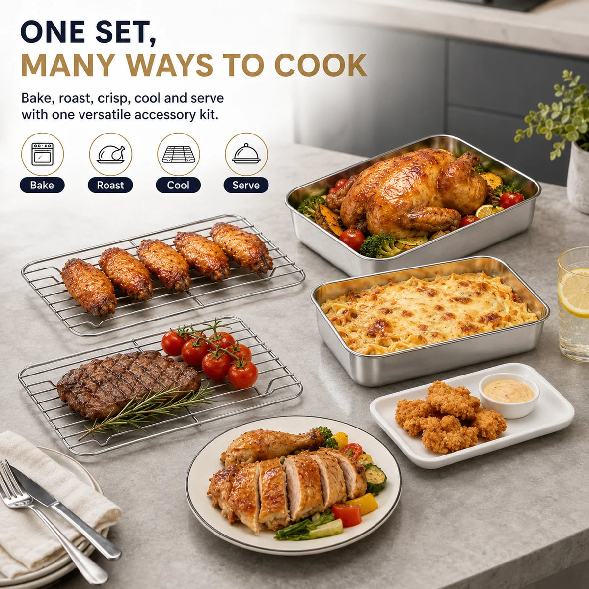 Dual Zone Air Fryer Stainless Steel Baking Pan & Rack Set Air Fryer Accessory Set Axl