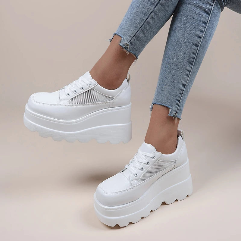 Women's White Wedge Platform Sneakers – Leather Chunky Pumps Wedge Platform Pumps Axl