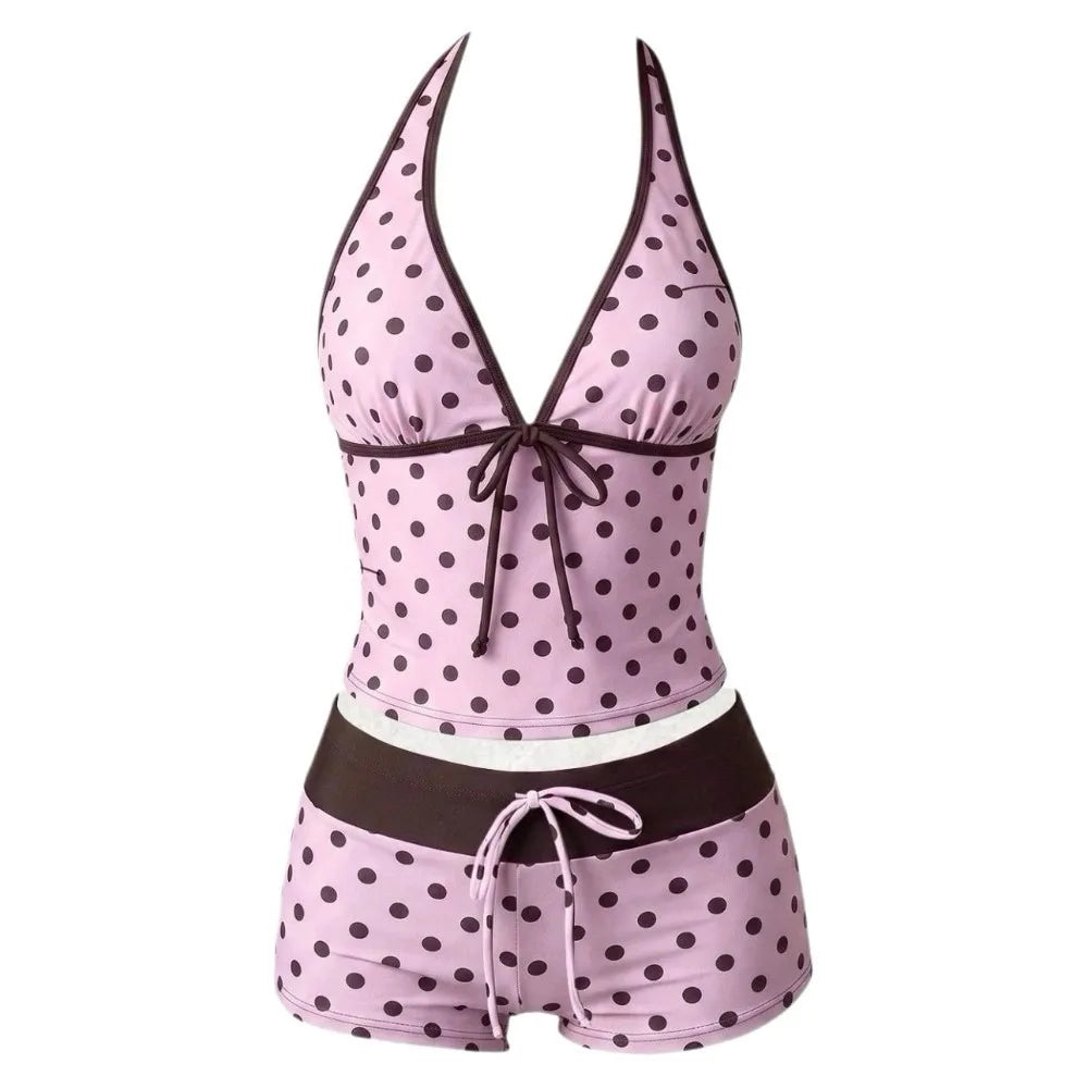 Polka Dot Halter Bikini Set – Deep V Lace-Up Low Waist Swimwear Halter Bikini Set Axl Pink-Coffee L