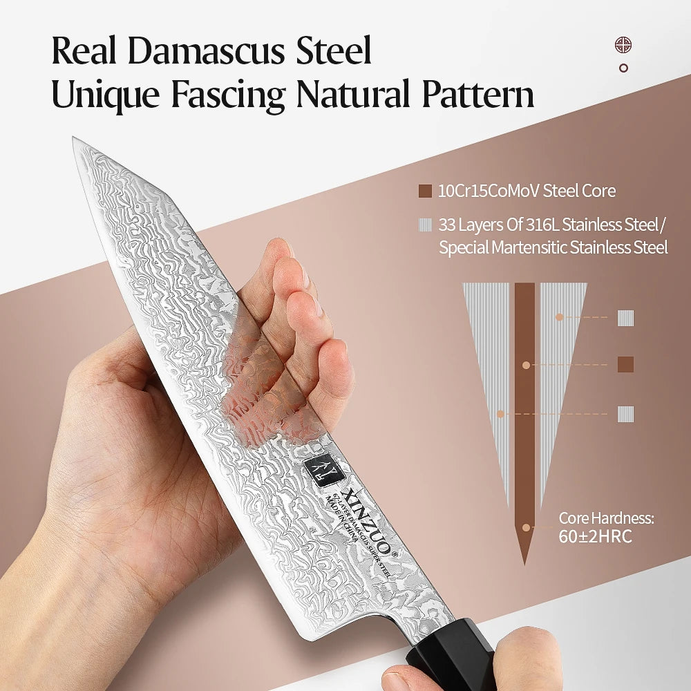 XINZUO 8.5" Damascus Bunka Knife – 67-Layer Kitchen Knife Damascus Kitchen Knife Axl