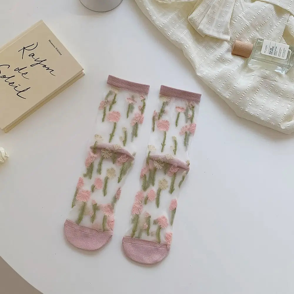 Korean Floral Mesh Tube Socks – Sheer Embroidery Women's Socks Floral Mesh Socks Axl pink One Size