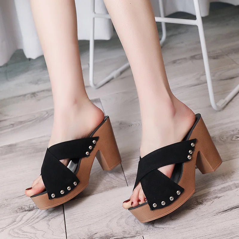 Women's Platform Peep Toe Sandals – Square High Heel Rivet Mules Platform Heel Sandals Axl