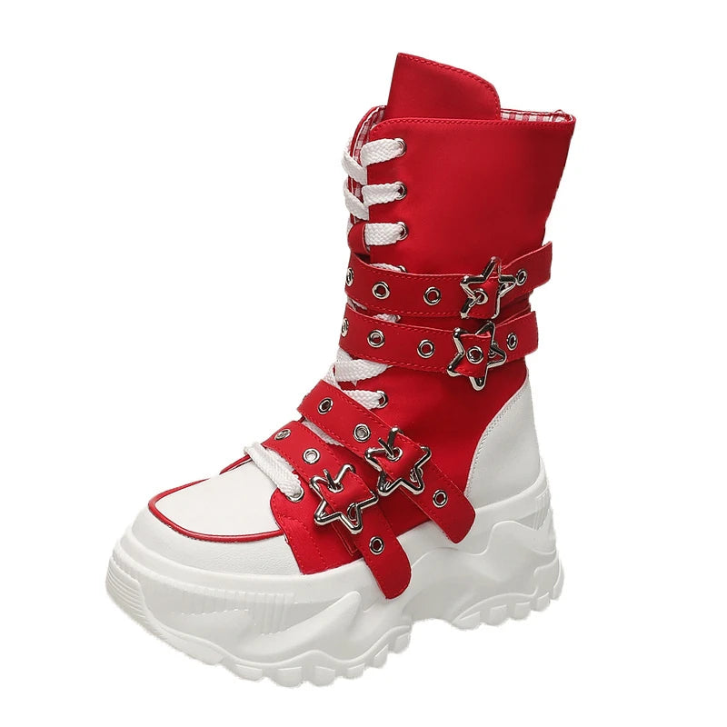 Women's Platform Motorcycle Boots – Thick Sole & Square Heel Platform Motorcycle Boots Axl 35 Red