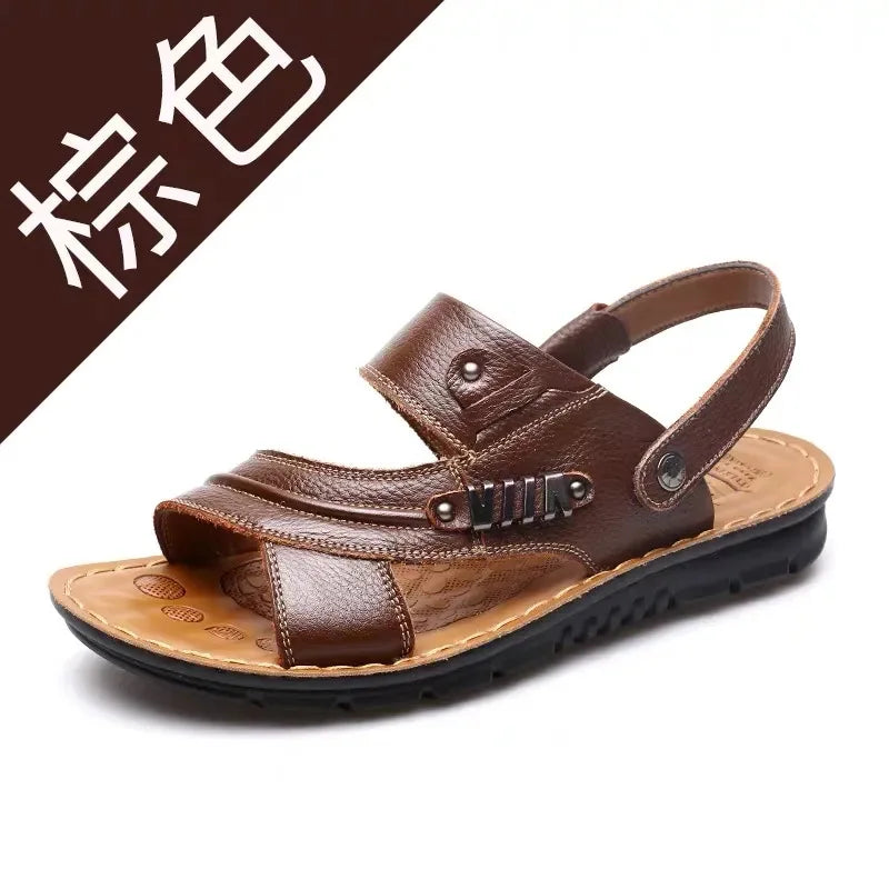 Men's Genuine Cow Leather Sandals – Non-Slip Beach Shoes Men's Leather Sandals Axl Brown 42