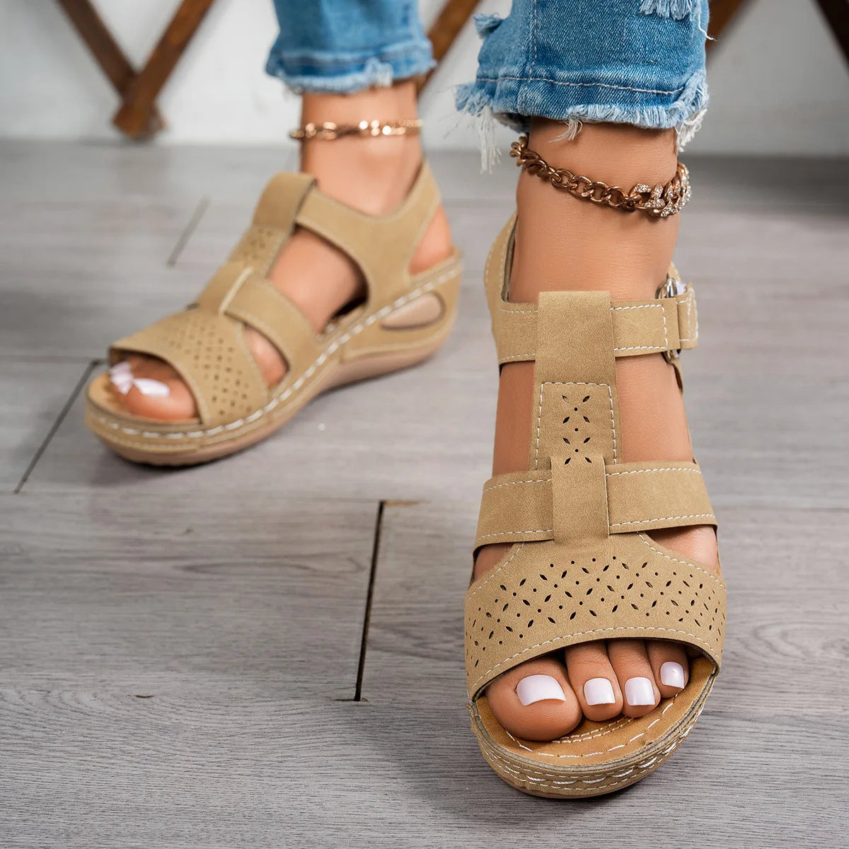 YBQJOO Women's Wedge Sandals – Thick Sole Cross-Strap, US 5–14 Wedge Sandals Axl 42 khaki