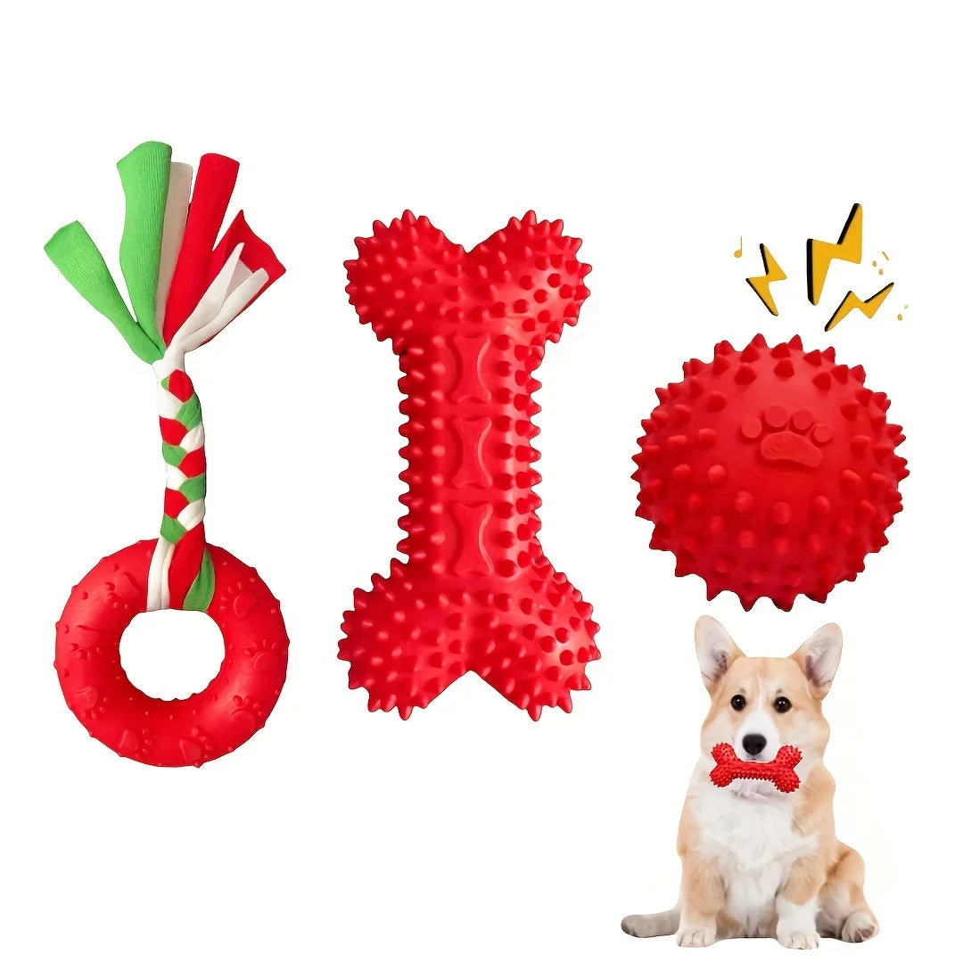 KEMORELA 3-Pack Puppy Chew Toys – Soft Rubber Teething Bones Puppy Chew Toys Axl Red 3PCS