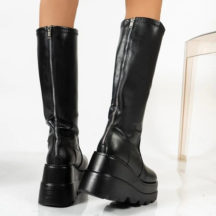Women's Punk Platform Mid-Calf Boots – Gothic Wedge Motorcycle Platform Motorcycle Boots Axl 37 H16-black