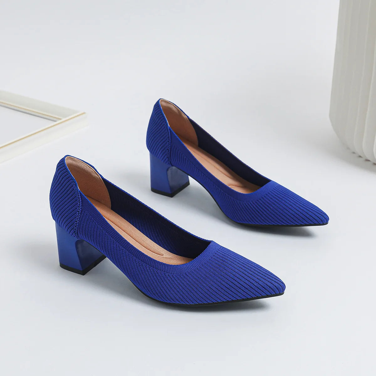 YBQJOO Women's Pointed Toe Block Heel Pumps – Knit Work Shoes High Heel Pumps Axl