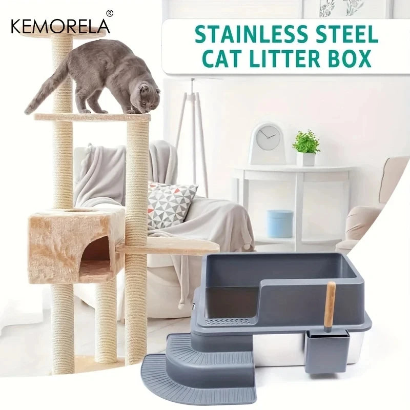 KEMORELA 20L Stainless Steel Cat Litter Box with Stair Foot Pad Cat Litter Box Axl