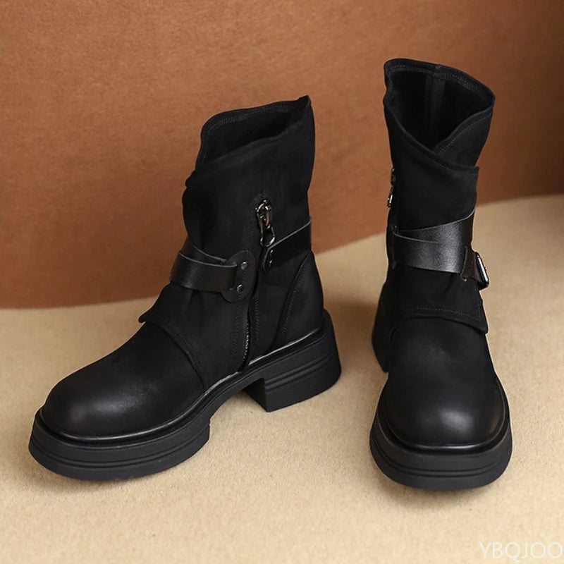 Women's Retro Ankle Boots – Thick Sole Square Heel Buckle Brown Women's Ankle Boots Axl black 35