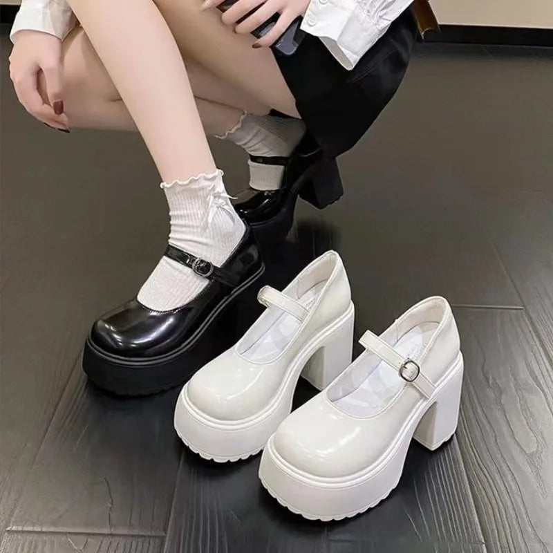 Women's Retro Platform Loafers – Buckle Strap Thick Heel Platform Loafers Axl