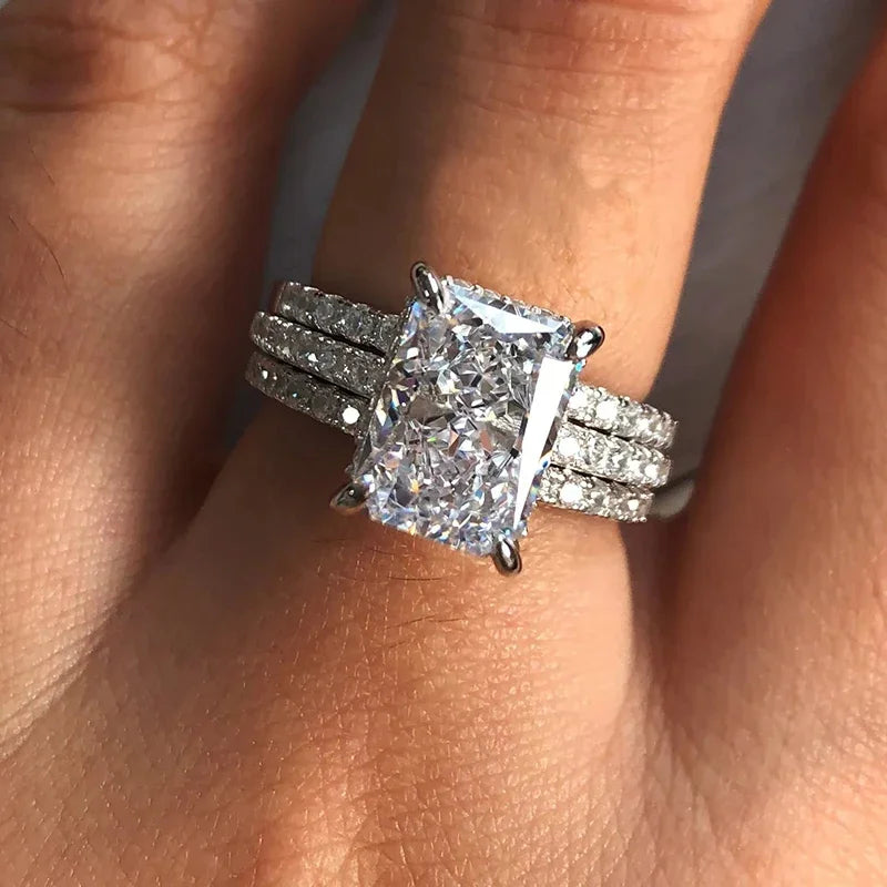 Huitan 3-Piece CZ Bridal Ring Set – Rectangular Wedding Rings Bridal Ring Set Axl