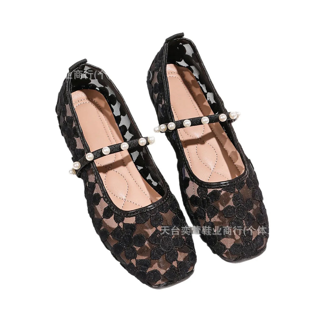 Women's Mesh Mary Jane Flats – Square Toe Flower Summer Shoes Mary Jane Flats Axl