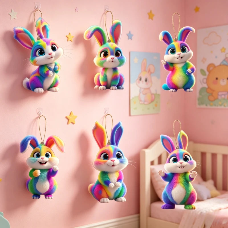 6-Pack Rainbow Bunny Hanging Ornaments – Cartoon Rabbit Figurines Holiday Ornaments Axl