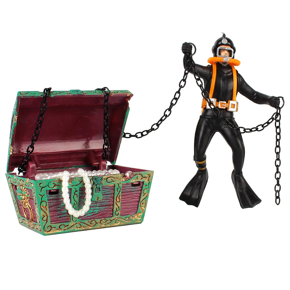 Aquarium Diver & Treasure Chest Fish Tank Ornament Decoration Aquarium Ornament Axl black