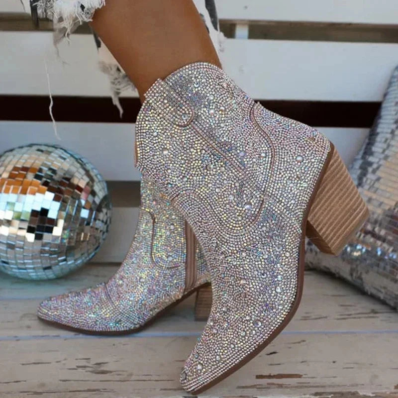 Women's Glitter Cowboy Ankle Boots – Sequin Western High Heel Women's Ankle Boots Axl