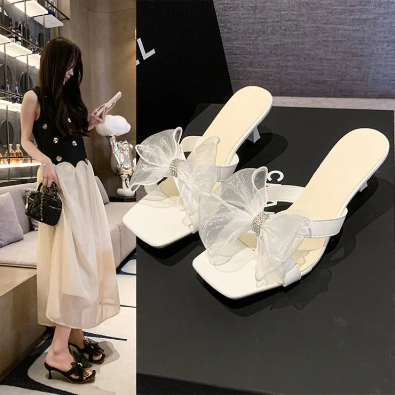 Women's Lace Bow High Heel Slides – Square Toe Summer Sandals High Heel Slides Axl 38 Beige