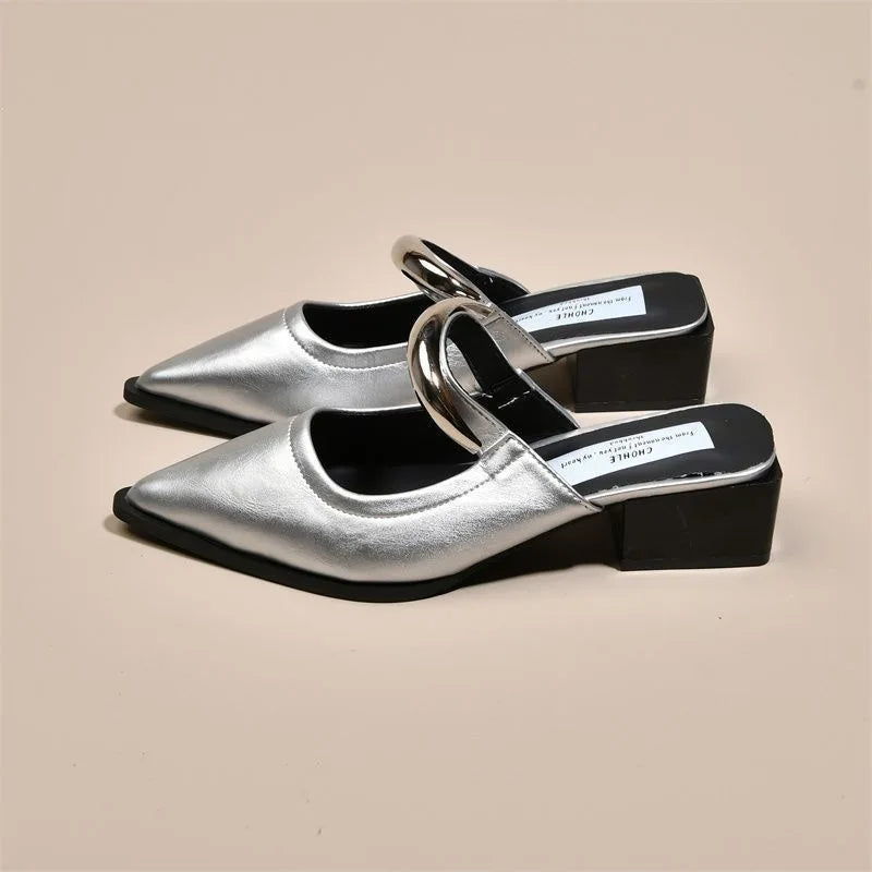 Women's Closed Toe Mule Slippers | Metal Detail Square Heel Slides Women's Mule Slippers Axl 41 Silver