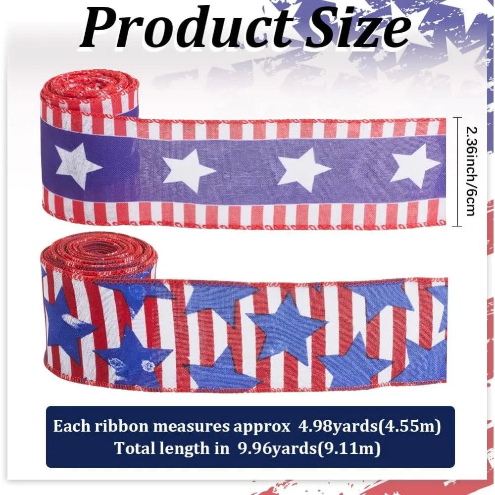 Patriotic Star Ribbon 2 Rolls – Red White Blue Polyester 60mm Decorative Ribbon Axl