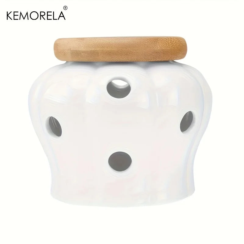 White Ceramic Garlic Jar with Ventilated Bamboo Lid – KEMORELA Ceramic Storage Jar Axl White