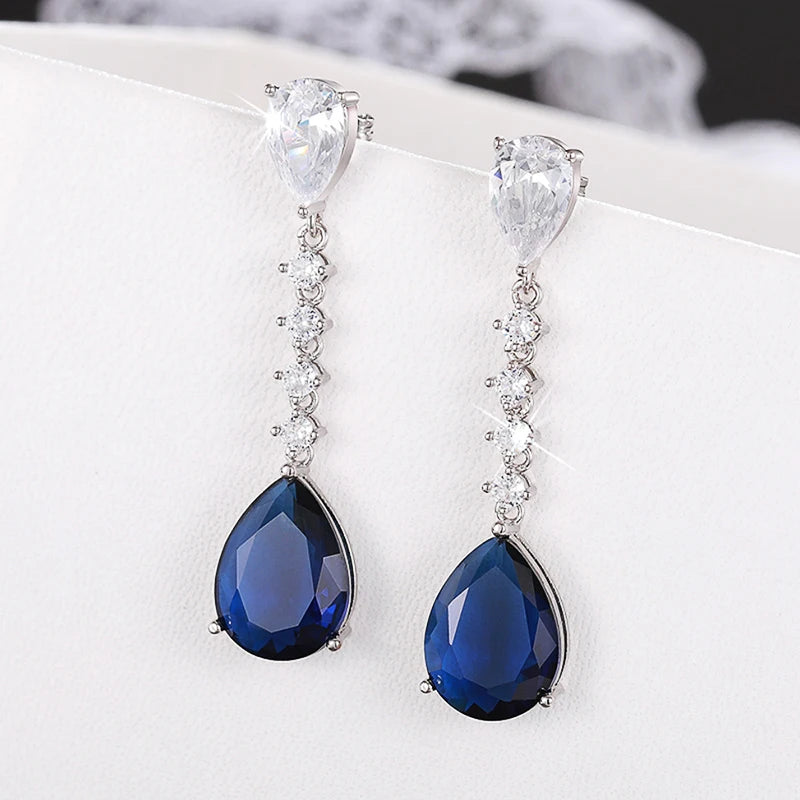 Huitan Blue CZ Waterdrop Long Drop Earrings for Women Drop Earrings Axl
