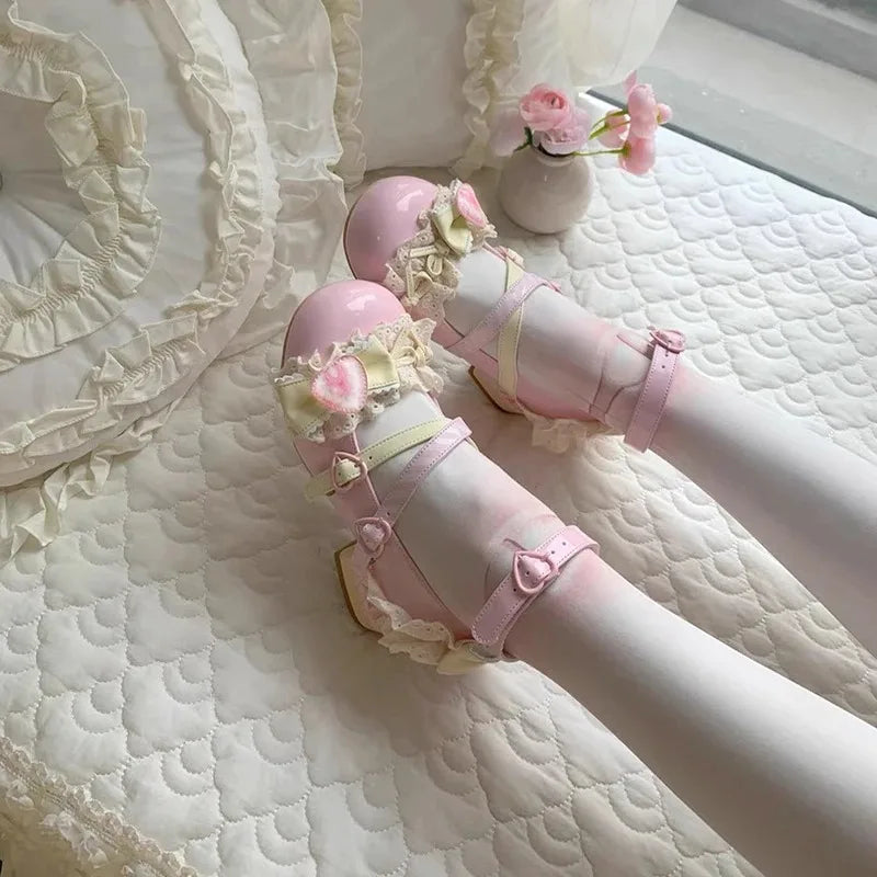 Women's Lolita Mary Jane Heels – Lace Strawberry Bowknot Pumps Mary Jane Pumps Axl