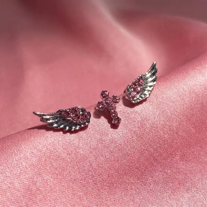 Vintage Punk Pink Zircon Wing Cross Earrings Set 3/4 Pcs Earring Set Axl