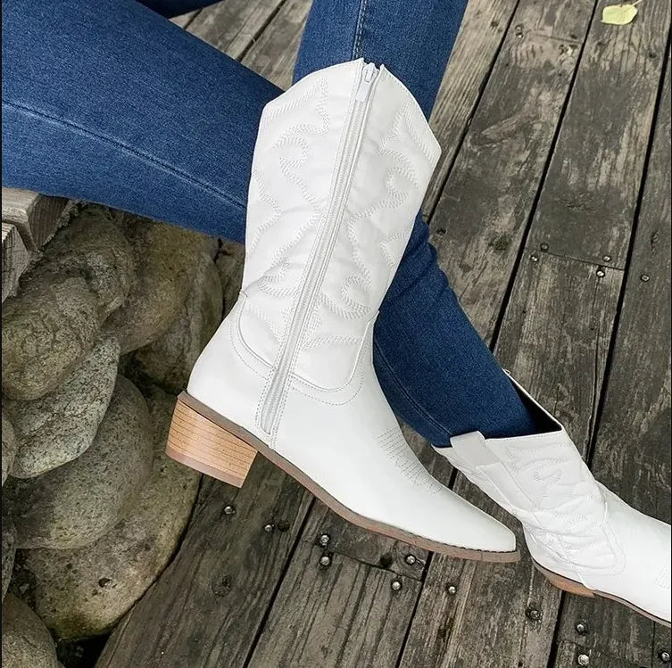 Women's Western Cowboy Mid-Calf Boots | Pointed Toe Side Zip Women's Cowboy Boots Axl white 40
