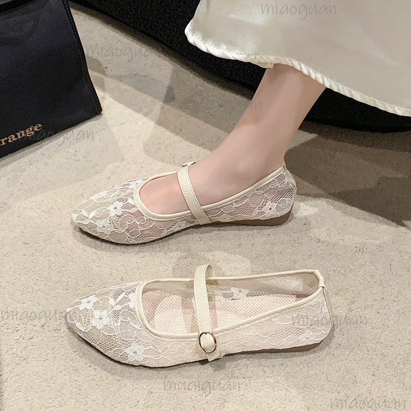 Women's Floral Mesh Ballet Flats – Slip-On Pointed Toe Shoes Ballet Flat Shoes Axl
