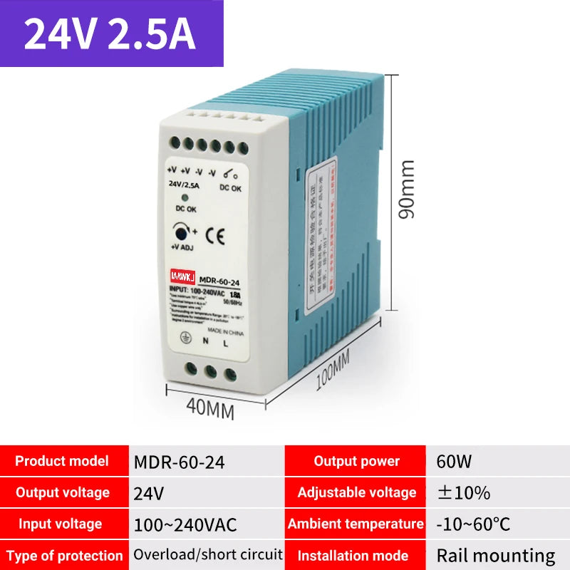 MDR DIN Rail Power Supply 5V 12V 24V | 10W–100W DC Switch DIN Rail Power Supply Axl MDR-60-24