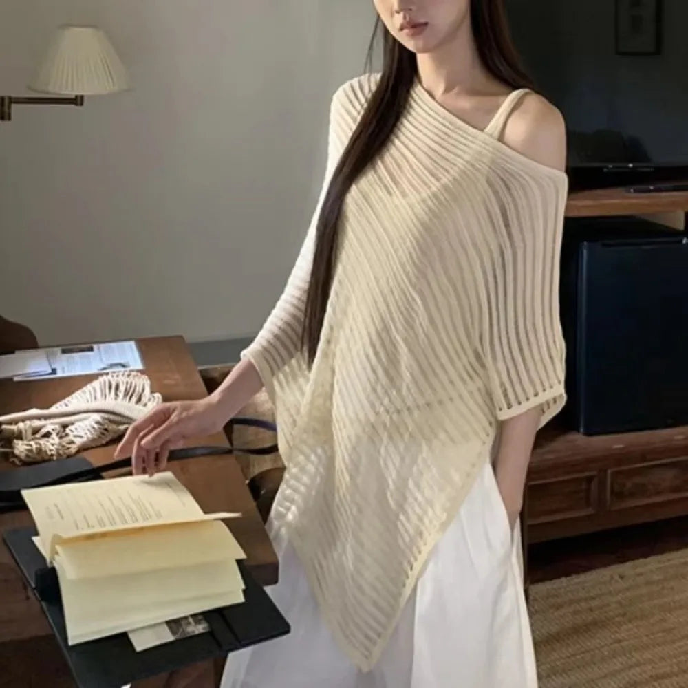 Bohemian Crochet Beach Cover Up – Striped Hollow Shawl Top Beach Cover Up Axl