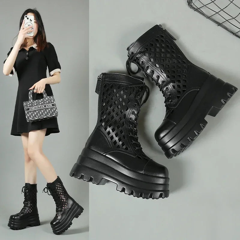 Women's Ankle Platform Wedge Boots – Lace-Up Openwork Style Platform Wedge Boots Axl
