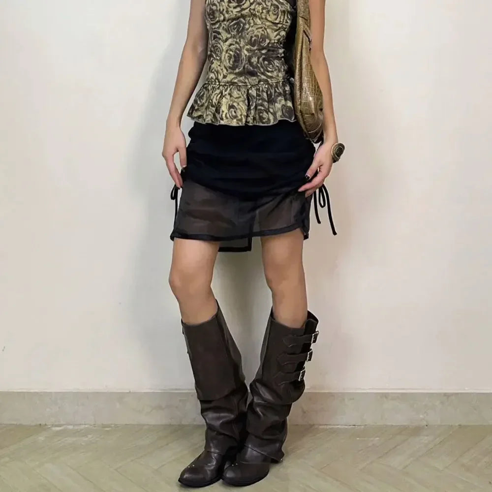 Women's Punk Gothic Knee-High Boots – Black Rivet Moto Style Knee-High Boots Axl