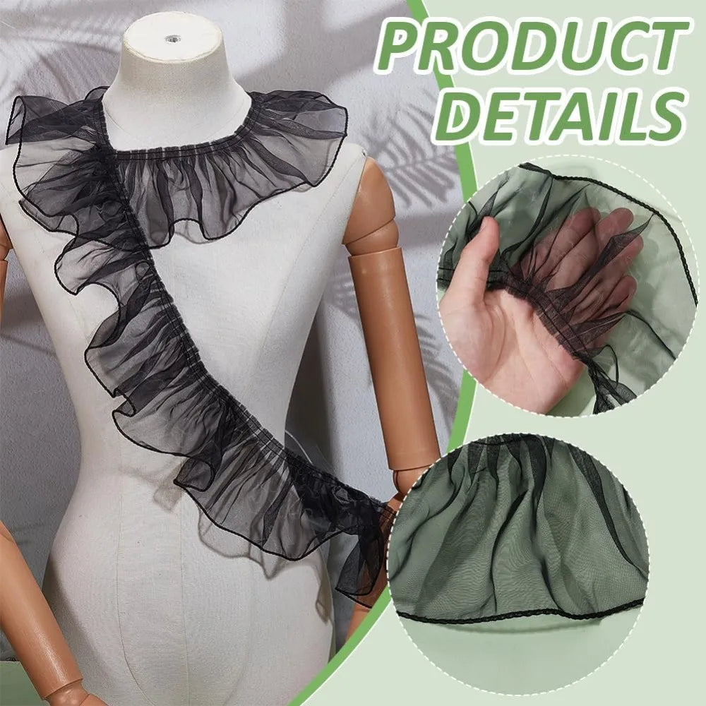 Black Organza Pleated Lace Ribbon Flower Trim 95mm – 8 Yards Decorative Ribbon Trim Axl