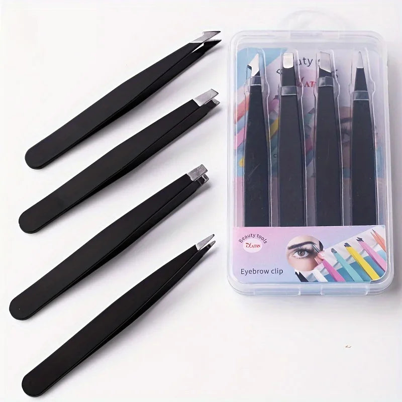 4-Piece Stainless Steel Eyebrow Tweezers – Slanted Precision Set Eyebrow Tweezers Set Axl
